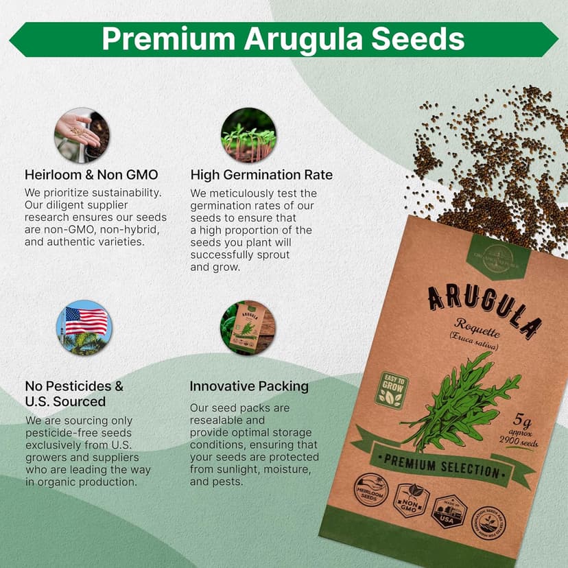Organo Republic Arugula Roquette Seeds Pack 5G - Over 2900 Non-GMO Heirloom Arugula Seeds for Planting Greens in Individual Seed Packet, Greens Seeds for Planting Home Garden Indoor & Outdoor Garden