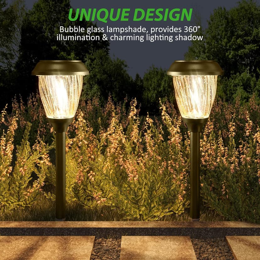 XMCOSY+ Solar Pathway Lights Outdoor, 10/25 LM in 2 Lighting Modes, Glass Stainless Steel Waterproof IP65 Solar Powered Garden LED Lights for Yard Lawn Driveway Walkway Landscape Decor(Warm White)