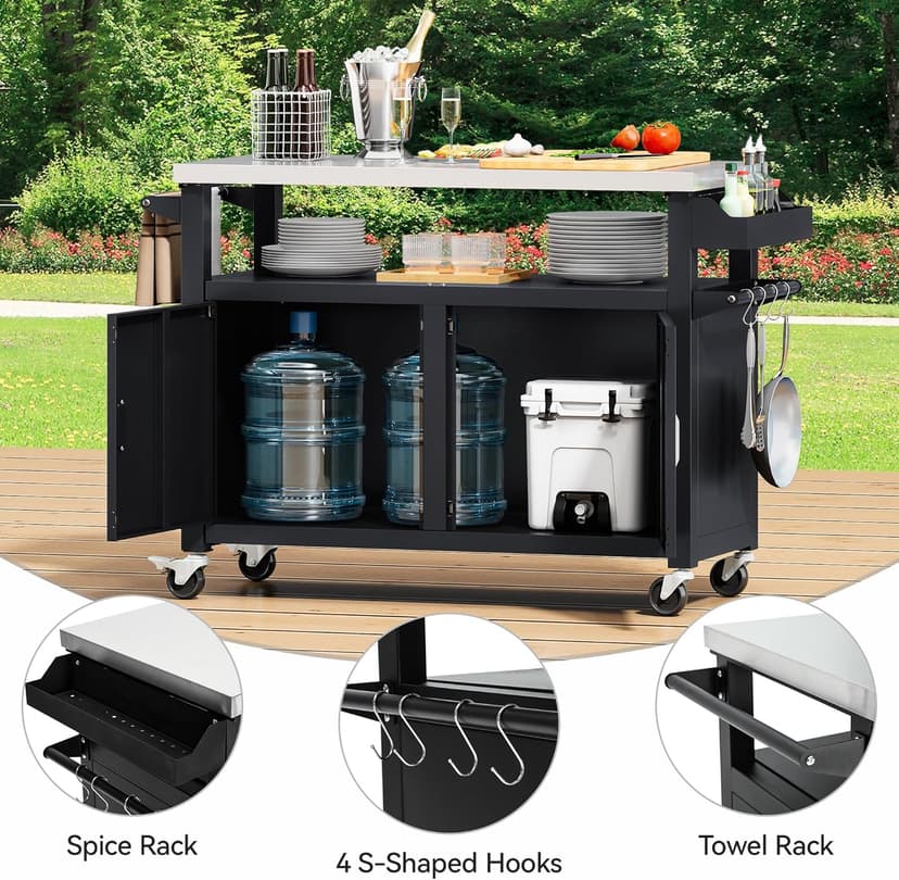 YITAHOME XL Outdoor Grill Cart with Stainless Steel Top, Outdoor Grill Table with Storage Cabinet for Patio, Kitchen Prep, Grilling Accessories, Black