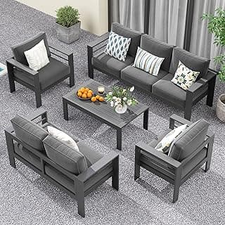 Solaste Aluminum Patio Furniture Set,7 Seats Modern Outdoor Conversation Set Metal Patio Furniture Set Sectional Sofa with Upgrade Cushion and Coffee Table,Dark Grey
