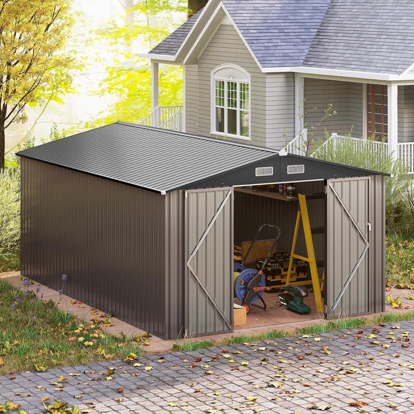 Goplus 10 x 14 FT Outdoor Storage Shed, Large Garden Tool House w/Improved Windproof Metal Structure, 4 Vents, Lockable Door, Waterproof Utility Tool Organizer for Backyard, Lawn, Patio