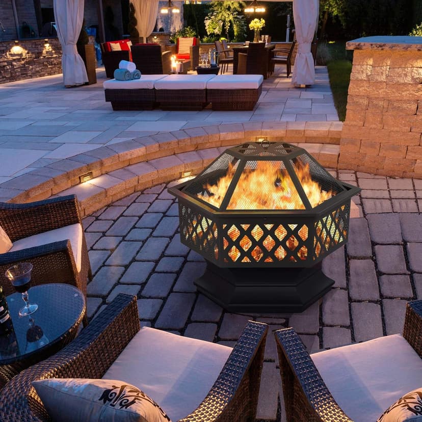 Yaheetech Fire Pit Fire Pits for Outside 24in Hex Shaped Firepit Bowl with Spark Screen & Poker for Patio Backyard Garden Picnic Bonfire Camping