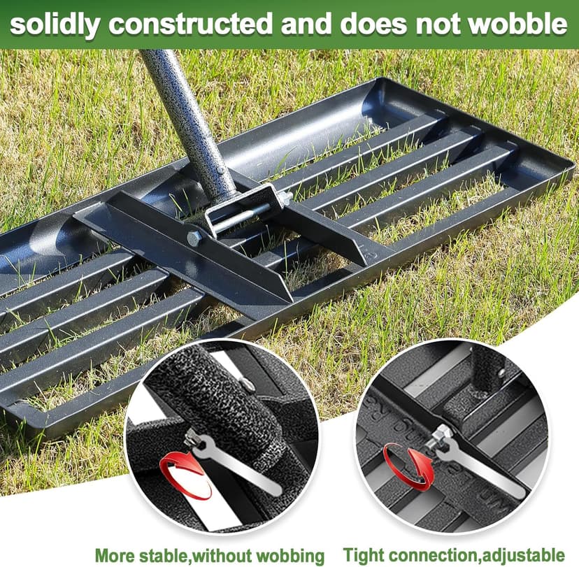 Lawn Leveling Rake, 30 Inch Heavy Duty Lawn Leveler with Adjustable Handle, Yard Soil Grass Dirt Leveling Rake Ground Level Tool (5FT)