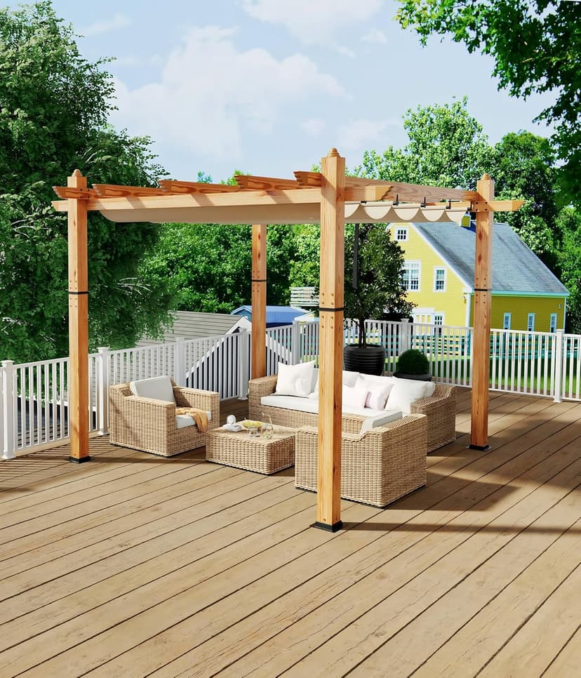 10 x 10 Ft Wood-Grain Aluminum Pergola Outdoor Pergola with Retractable Canopy Sun Shade Shelter for Garden, Patio, Backyard, Deck - Khaki