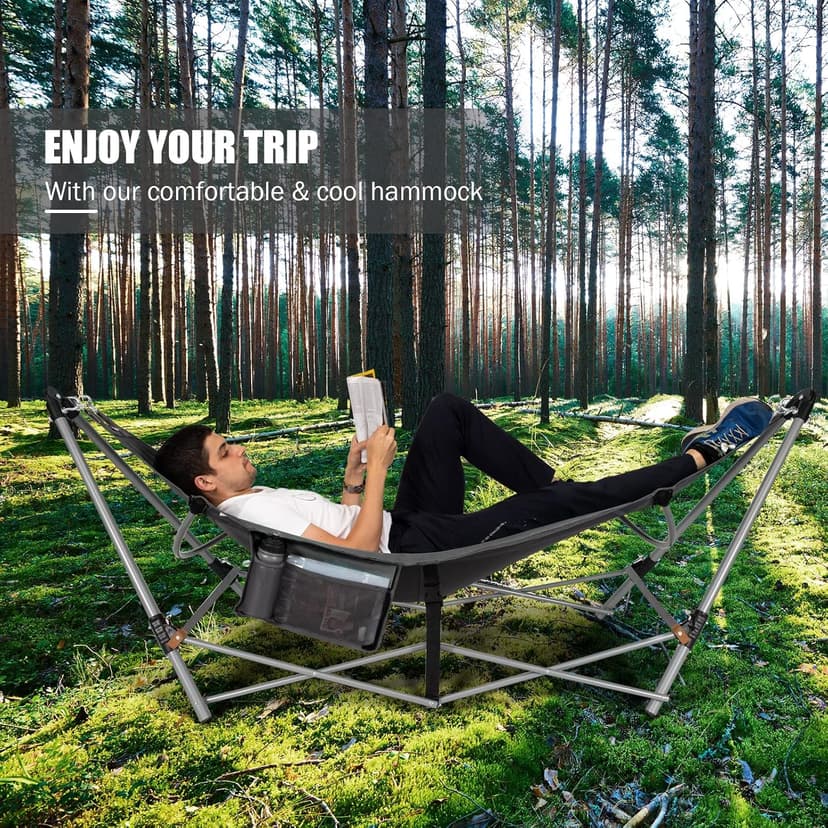 Portable Folding Hammock w/Side Pocket, Lounge Camping Bed w/Metal Stand & Anti-tip Buckles, Outdoor Camping Hammock with Carrying Bag for Patio Garden Yard, Easy Assembly (Grey)