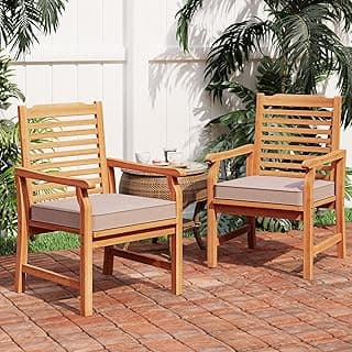 PHI VILLA 2 Pieces Acacia Wood Outdoor Dining Chairs with Cushions, Patio Oil Finished Wooden Armchairs Set of 2, Natural Teak Dining Chairs for Deck, Yard, Porch
