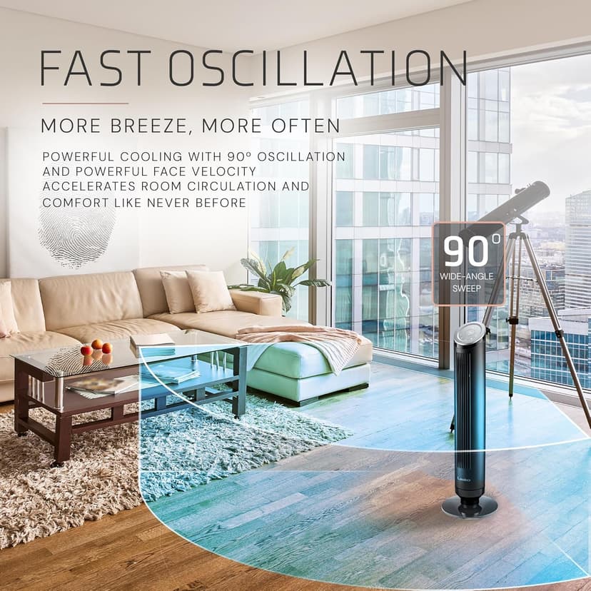LASKO Ascend 36" Tower Fans for Home, 29 ft/s Airflow, Quiet 29dB on Low, 90° Oscillation, 12 Hour Timer, Air Filter for Hair & Dust, Remote, Black, OST100