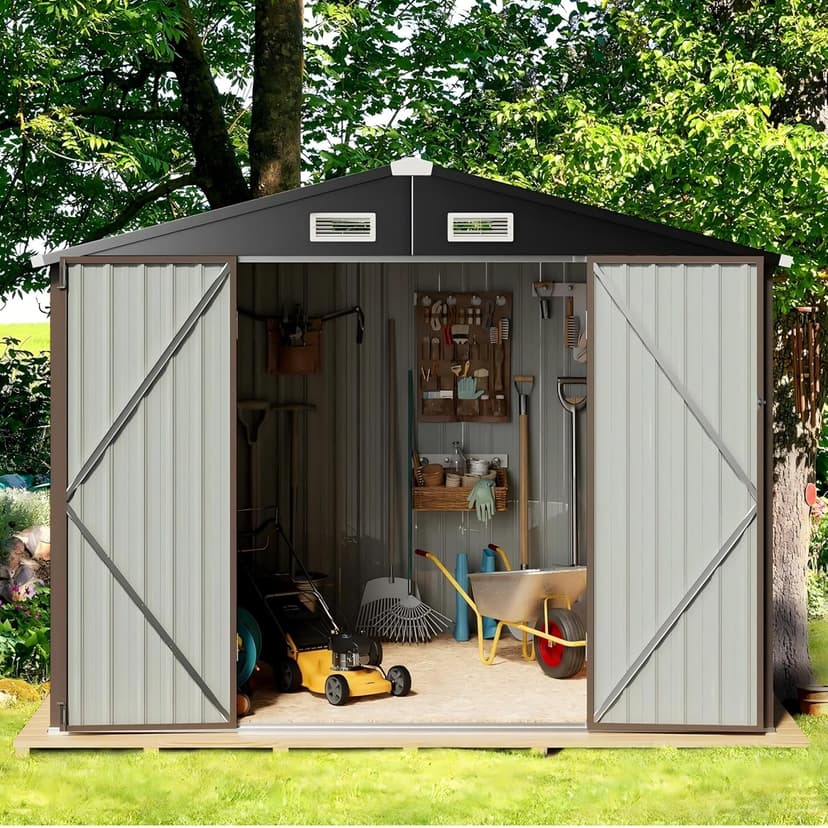 GVDV 8x6 FT Outdoor Storage Shed with Air Vent & Lockable Doors, Durable Metal Outside Storage for Garden, Patio and Backyard, Waterproof Shelter for Tools, Bike (7.33'x5.28' Base, No Floor)