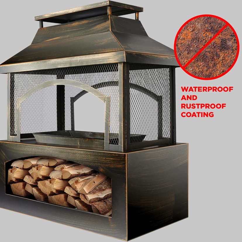 Red Mountain Valley 37" Fire Pits with Wood Storage for Outside, Large Wood Burning Outdoor Fireplace with Chimney, Mesh Spark Screen & Fire Poker, Idea for Backyard, Patio, Party, Camping, Picnic