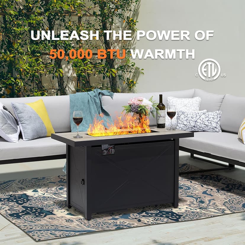 Nuu Garden Propane Fire Pit Table, CSA Certified 42 Inch 50,000 BTU Outdoor Propane Gas Cabinet Rectangle Fire Pit Table, Ceramic Tabletop, Rattan and Iron Frame, with Lid and Fire Glass Beads, Black