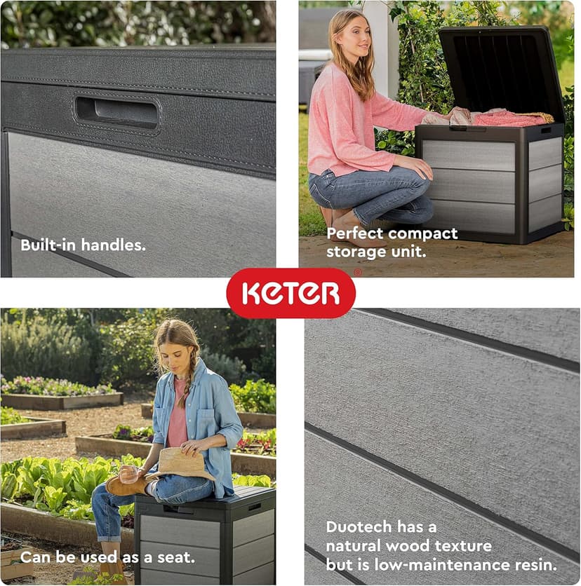 Keter Denali 30 Gallon Resin Outdoor Storage Box and Patio Storage Box Side Table for Pool and Garden Accessories, Grey & Black