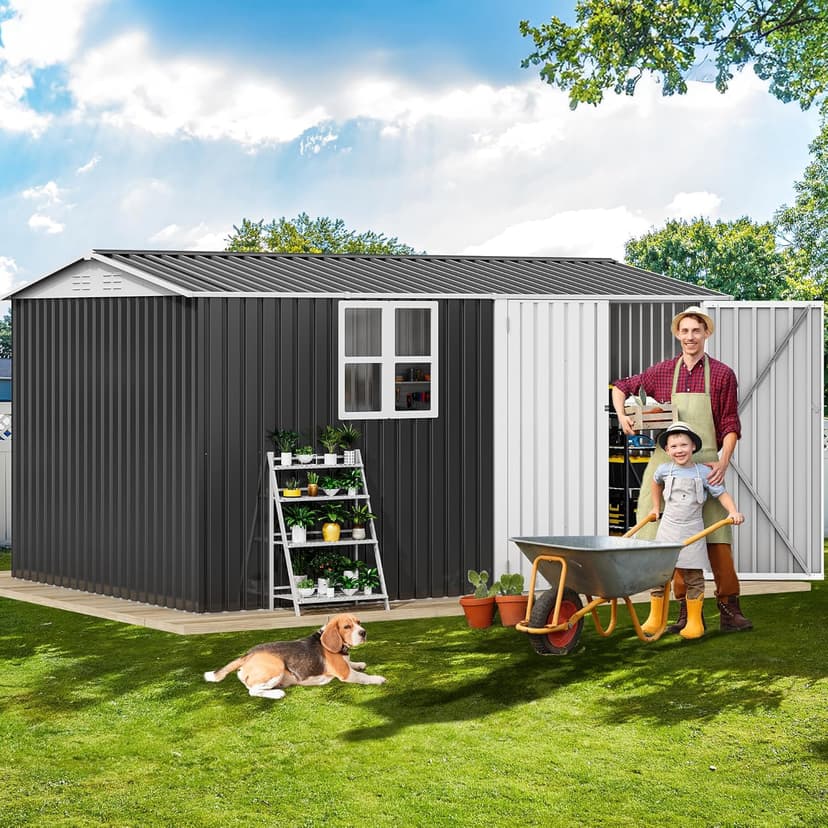 DWVO 12' x 8' Outdoor Storage Shed, Waterproof Metal Garden Shed with Windows, Lockable Doors, and Sloped Roof for Patio, Backyard, Lawn, Tool Storage, Bike Shed, Pet Shelter (Gray + White)