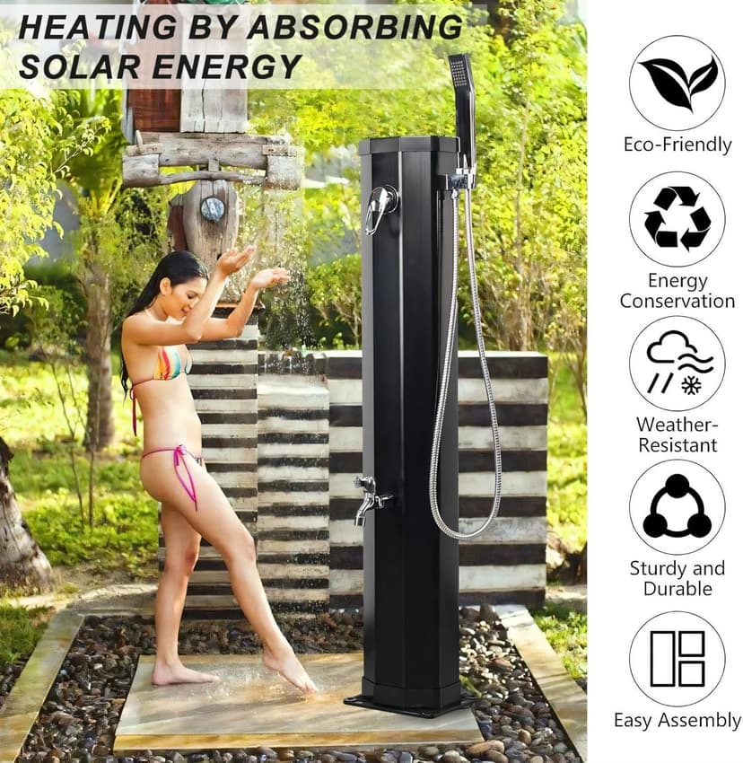 7.2 FT Outdoor Solar Heated Shower, 9.3 Gallon Shower with Shower Head and Foot Shower Tap for Poolside Backyard Beach Pool Spa, Black