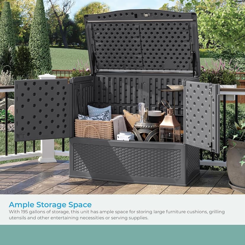 Suncast Backyard Oasis Vertical Deck Box, 195-Gallon Patio Storage Box for Furniture Cushions, Grill Tools, and Pool Accessories, Cool Gray, Made in the USA