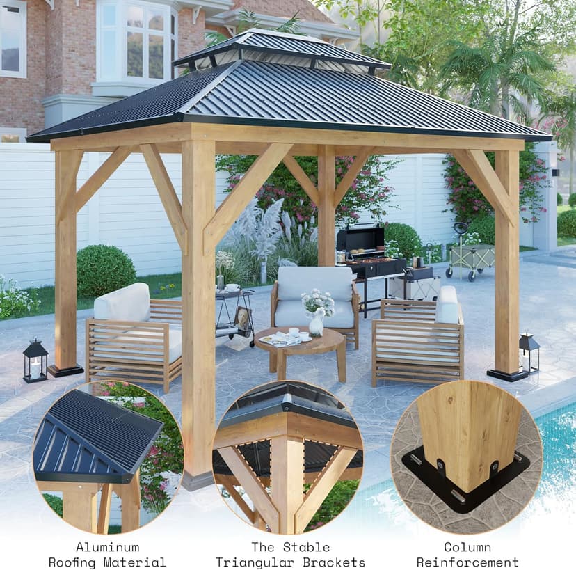AMERLIFE 10x12 Solid Wood Gazebo, Hardtop Gazebo with Aluminum Double Roof, Outdoor Pergola with Wood Frame for Parties, Backyard, Lawns, Patio