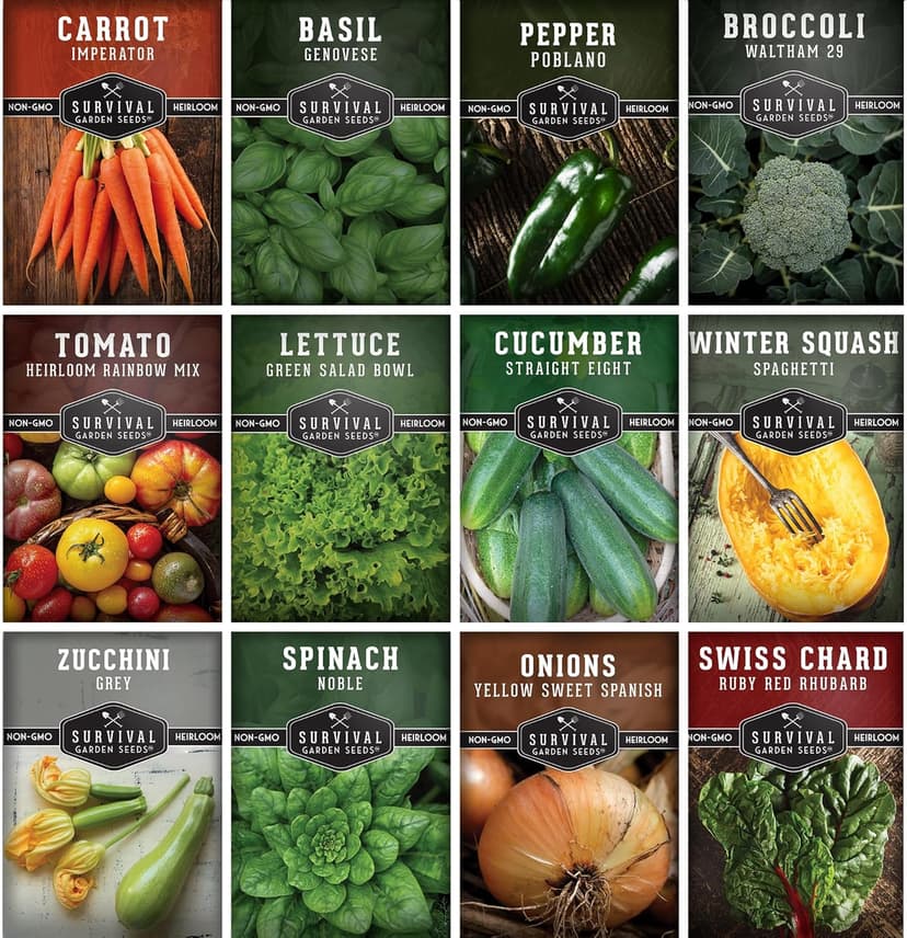 12 Vegetable Seed Variety Pack - Broccoli, Carrot, Basil, Lettuce, Onion, Pepper, Swiss Chard, Tomato, Cucumber, Spinach, Zucchini, Spaghetti Winter Squash - Non-GMO Heirloom - Survival Garden Seeds