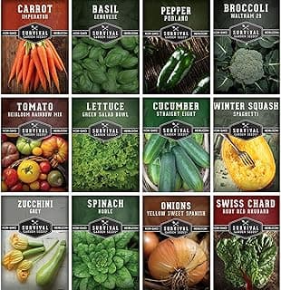 12 Vegetable Seed Variety Pack - Broccoli, Carrot, Basil, Lettuce, Onion, Pepper, Swiss Chard, Tomato, Cucumber, Spinach, Zucchini, Spaghetti Winter Squash - Non-GMO Heirloom - Survival Garden Seeds