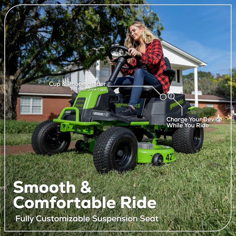 Greenworks PRO 80V 42” Electric Lawn Tractor, Riding Lawn Mower with (4) 5.0Ah Batteries and (600W) Plug in Charger