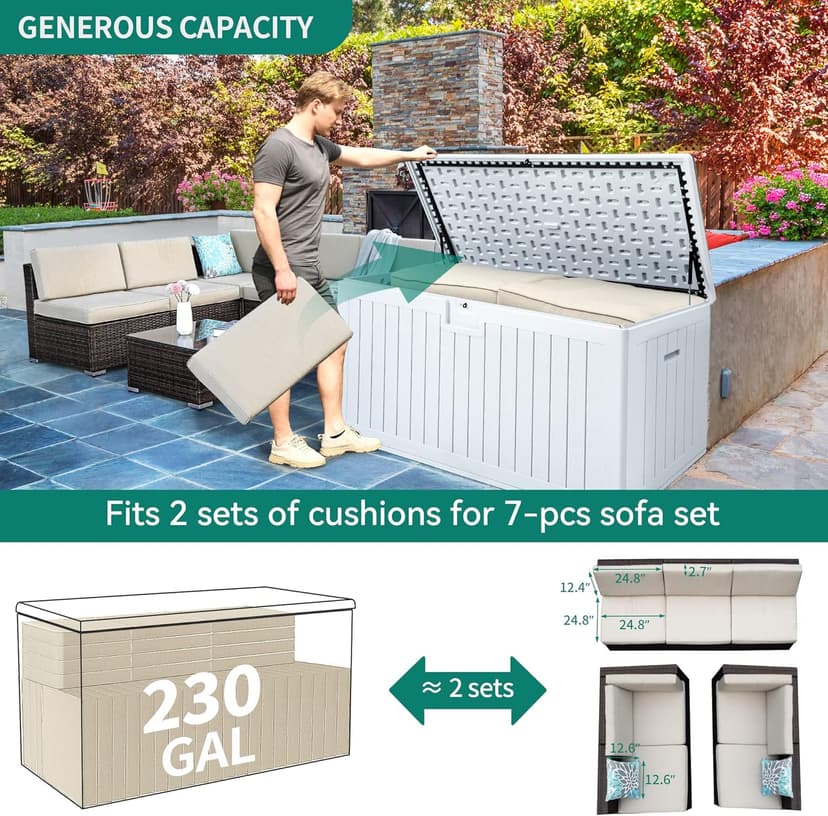 YITAHOME XXL 230 Gallon Large Deck Box,Outdoor Storage for Patio Furniture Cushions,Garden Tools with Flexible Divider,Waterproof,Lockable (White)
