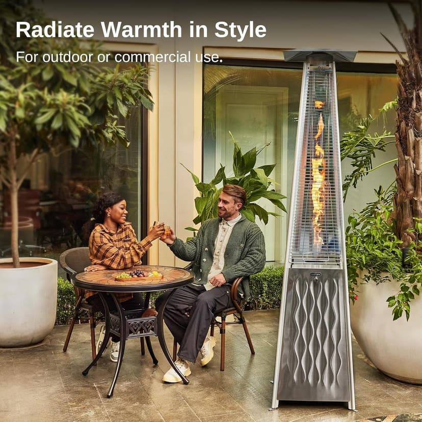 EAST OAK 48,000 BTU Pyramid Patio Heater, Outdoor Patio Heater All Stainless Steel With Wheels, Quartz Glass Tube Propane Heater for Commercial & Residential, Triple Protection System, 2025 Upgrade