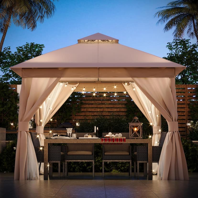 LAUSAINT HOME Outdoor Patio Gazebo with Expansion Bolts, Double Roof Soft top Gazebos Shelter Party Tent with Mosquito Nettings and Privacy Screens for Backyard, Deck, Garden, Lawn (10x10, Khaki)