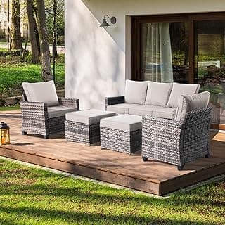 5 Piece Rattan Outdoor Patio Furniture Set, Weather-Resistant Outdoor Conversation Furniture with Ottoman, Outdoor Patio Modular Sofa Set with Thick Cushions and Backrest, Beige