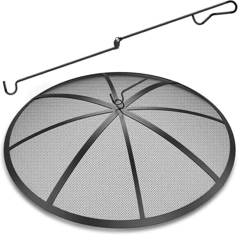 Fire Pit Spark Screen, 24Inch Fire Pit Lid Outdoor with Handle & Poker, Heavy-Duty Mesh Firepit Cove with 12 Reinforced Bars for Backyard/Beach/RV Camping