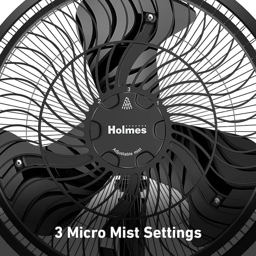 HOLMES 16" Outdoor Misting Stand Fan, Hose Connection, 3 Speeds, 3 Micro-Mist Levels, 80° Oscillation, Adjustable Height, 25° Head Tilt, GFCI Plug, Black