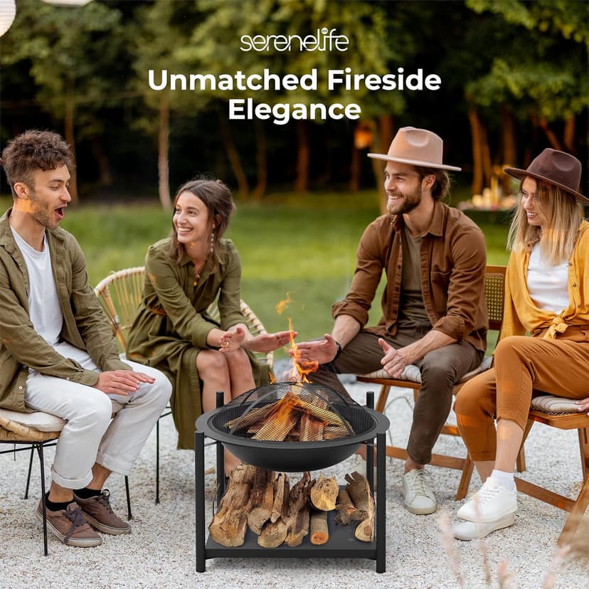 SereneLife 26" Outdoor Wood Fire Pit with BBQ Grill, Mesh Screen, and Wood Storage – Heavy-Duty Steel Frame, Heat-Resistant – Ideal for Bonfires, Camping, and Outdoor Cooking