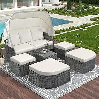 Patio Furniture Set Daybed with Lift-top Table & Retractable Canopy, Wicker Rattan Outdoor Conversation Set w/Upholstered Cushions, Outside Sectional Sofa Separate Seating for Lawn Backyard