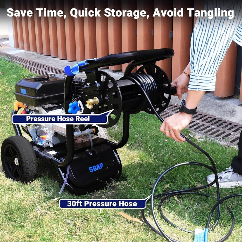 3600PSI Gas Pressure Washer, 2.3GPM Heavy-Duty High Power Washer with 212CC Engine, 5 Quick-Connect Nozzles, 30ft High-Pressure Hose & Hose Reel, Maintenance-Free Aluminum Axial Cam Pump