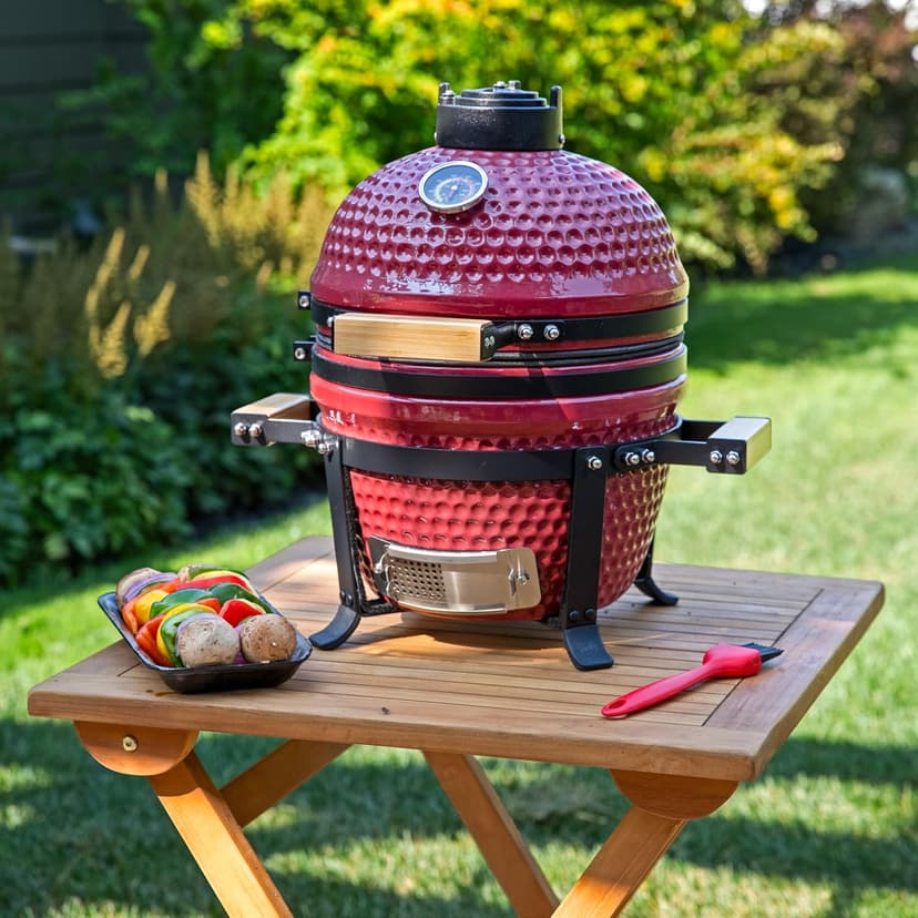 Sunnydaze 13” Kamado Portable Charcoal Grill with Smoker - Outdoor Ceramic Small BBQ Grill with Stand and Cooking Grate - Red
