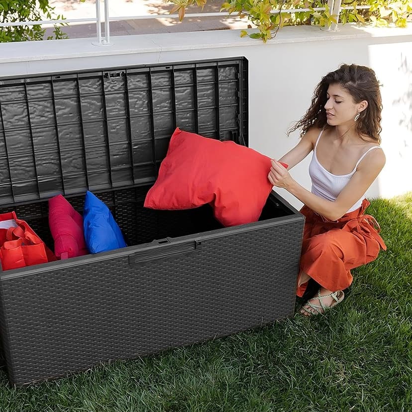 Toomax Portofino Large 90 Gallon Plastic Outdoor Storage Backyard Deck Box, with Lockable Lid, Seat Weight Capacity 450 Pounds, Gray