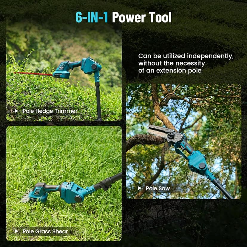 Seesii 6-in-1 Cordless Pole Saw and Pole Hedge Trimmer Grass Shears Combo Kit, Electric Mini Chainsaw with 2*4.0 Ah Batteries, Extension Tree Prunner, Bush Trimmer Limb Branch Cutter, 16ft Long Reach