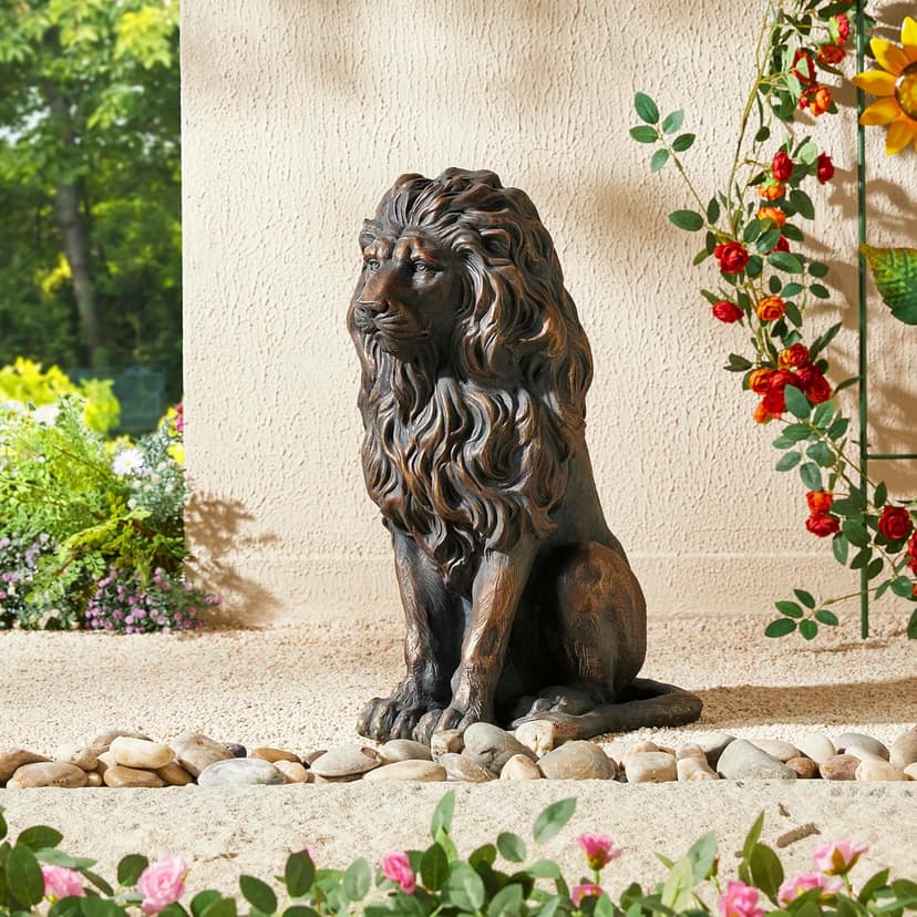 Glitzhome Guardian Sitting Lion Statue Regal Indoor and Outdoor Garden Sculpture for Home Entrance Porch and Yard, 20.5in Tall, Bronze