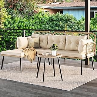 YITAHOME L-Shaped Patio Furniture Outdoor Loveseat Sectional Set for Backyard, Porch with Thick Cushions Detachable Lounger, Side Table (Light Brown+Beige)