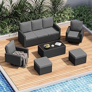 6 Piece Outdoor Patio Furniture Set, Outdoor Wicker Rattan Sofa with Swivel Chairs, Ottomans, Comfy Cushions, Coffee Table, All Weather Conversation Set for Garden, Backyard - Brown Rattan/Gray