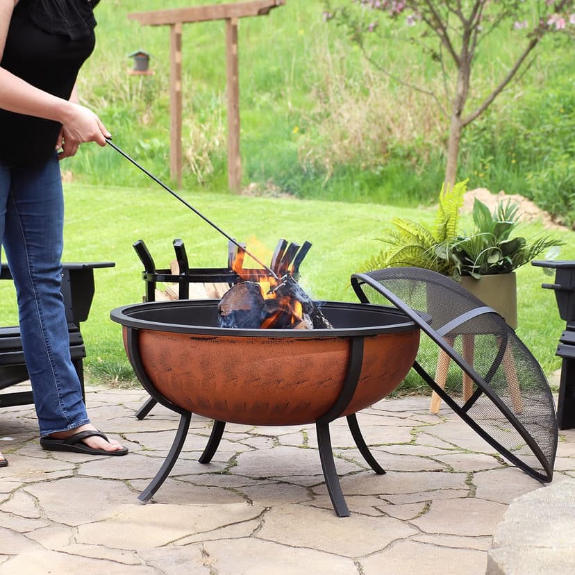 Sunnydaze 32-Inch Steel Fire Pit Bowl - High-Temperature Copper Finish Wood Burning Fire Pit with Screen, Wood Grate, and Poker