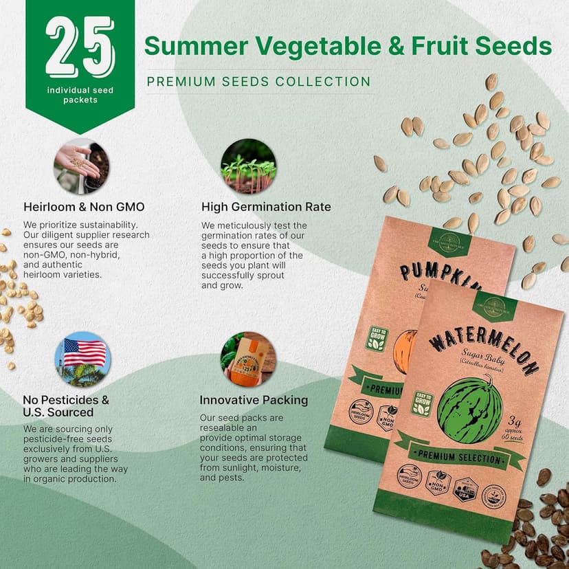 25 Summer Vegetable & Fruit Seeds Variety Pack - 1,870+ Non-GMO Heirloom Veggie & Fruits Seeds for Outdoors and Indoor Home Gardening, Including Collards, Tomato, Pepper, Okra, Onion, Bean, Cucumber