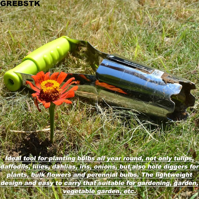 GREBSTK Sturdy Stainless Steel Gardening Bulb Transplanter Tool with Depth Mark and Soil Release Handle for Planting Bulbs