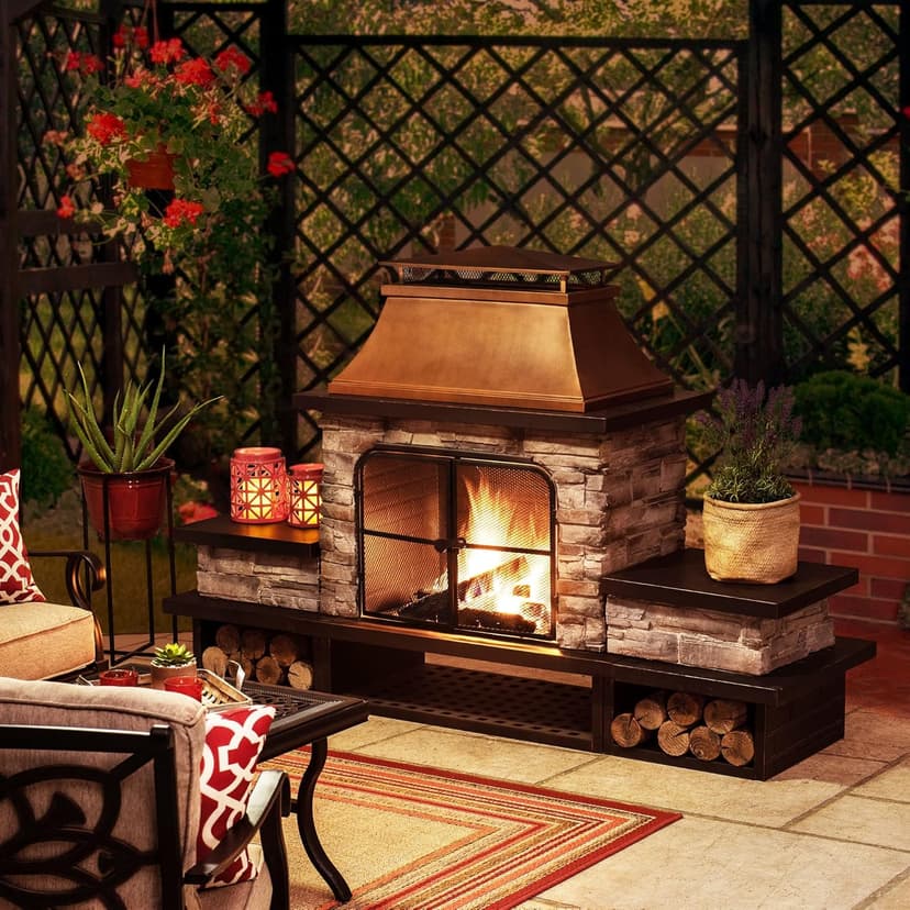 Sunjoy Outdoor Fireplace, Patio Wood Burning Fireplace with Steel Chimney, Mesh Spark Screen Doors, Fire Poker, and Removable Grate, Copper and Black