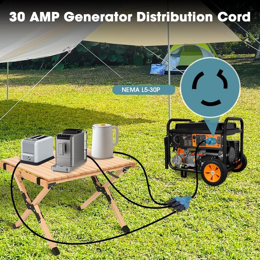 NEMA L5-30P to 5-15/20R RV Generator Adapter with Circuit Breaker, Converts a 30A Locking Outlet to 3X 15A/20A Household Outlets (1.5FT)
