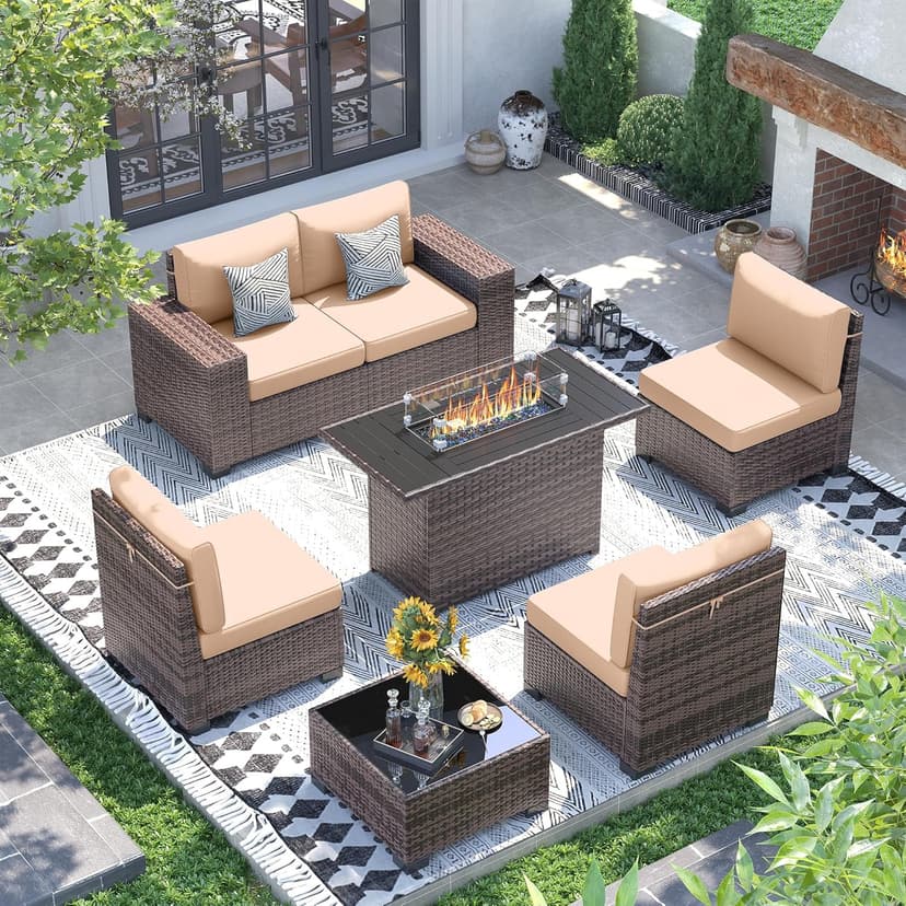 UDPATIO 7 Piece Patio Furniture Set with Fire Pit Table, 8''Wide Armrest Modular Rattan Outdoor Sectional Sofa Set,Wicker Patio Conversation Sets for Backyard,Deck w/ 4'' Cushions,Cover(Brown/Khaki)