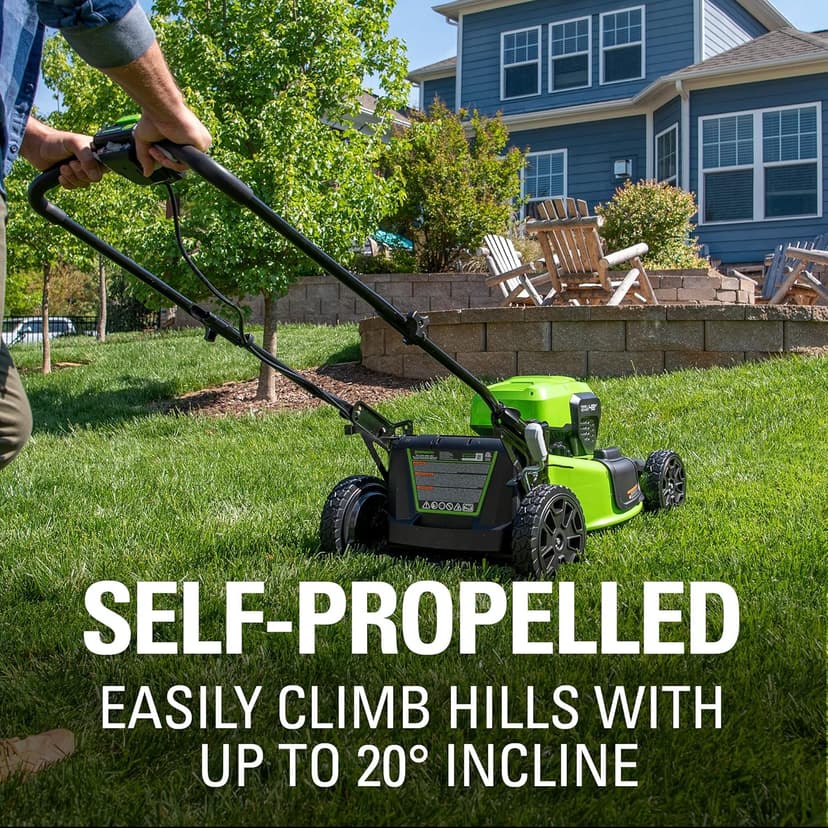 Greenworks 48V (2 x 24V) 21" Brushless Cordless (Self-Propelled) Lawn Mower (LED Headlight), (2) 5.0Ah Batteries and Dual Port Rapid Charger Included (125+ Compatible Tools)