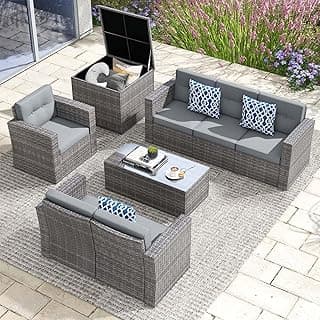 JOIVI 8 Pieces Patio Furniture Set with Storage Box, Rattan Patio Conversation Set, Rattan Couch Sectional Sofa Set with Cushions and Coffee Table for Outside Porch, Deck, Gray