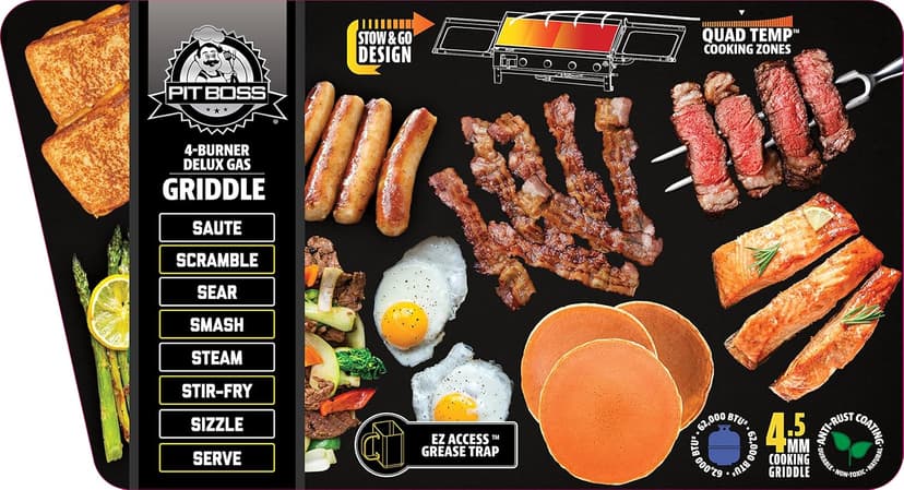 PIT BOSS PB757GD Four Burner LP Fold Over Side Shelves 36" Gas Flat Top Griddle with Fitted Cover, 4 Deluxe, BLACK