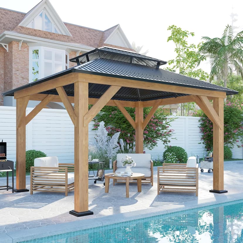 AMERLIFE 10x12 Solid Wood Gazebo, Hardtop Gazebo with Aluminum Double Roof, Outdoor Pergola with Wood Frame for Parties, Backyard, Lawns, Patio