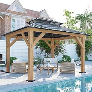 AMERLIFE 10x12 Solid Wood Gazebo, Hardtop Gazebo with Aluminum Double Roof, Outdoor Pergola with Wood Frame for Parties, Backyard, Lawns, Patio