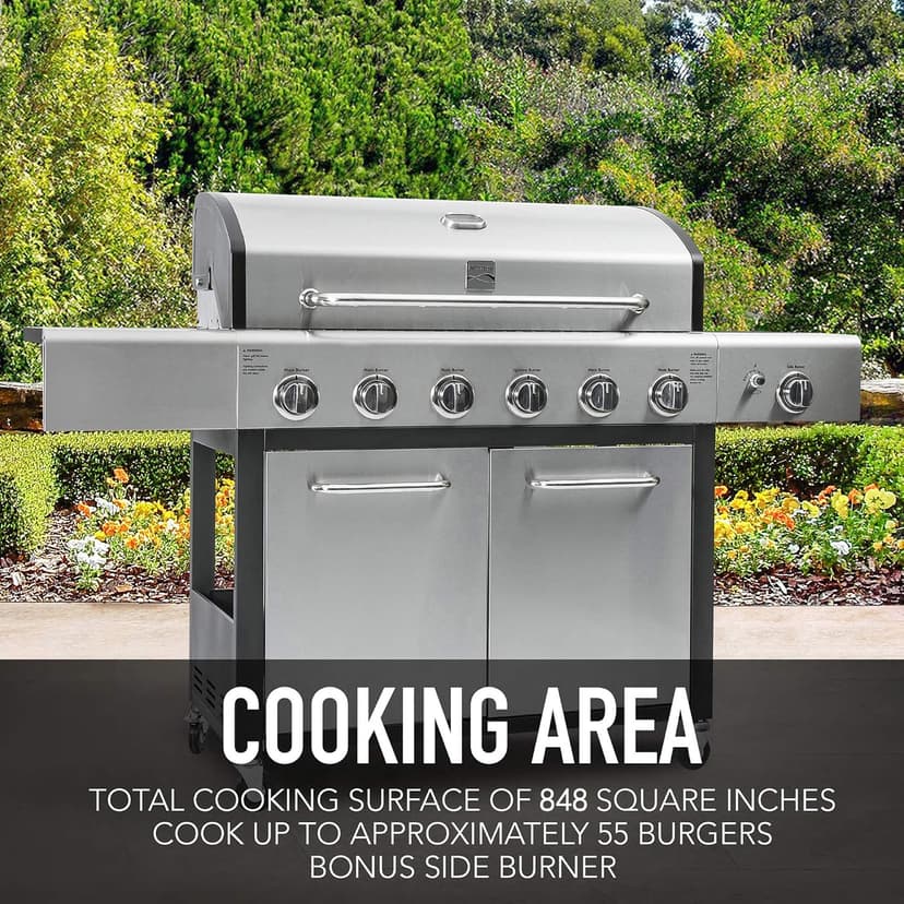 Kenmore 6-Burner Propane Gas BBQ Grill with Side Burner, 73,000 BTUs, Stainless Steel Cabinet Grill with Cast Iron Grates for Outdoor Cooking, Backyard BBQ, Patio, Large Parties