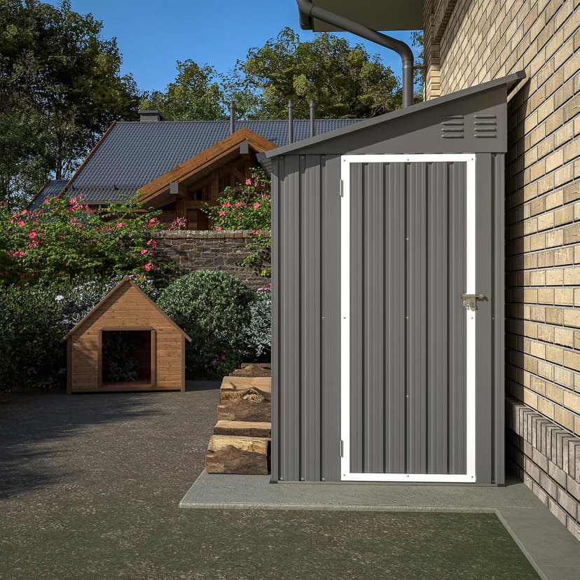 4x8 FT Outdoor Storage Shed with Floor,Lean to Metal Shed W/Lockable Door,All Weather Waterproof Garden Tool House W/ 2 Air Vents,for Backyard,Patio,Lawn,Garden,Gray